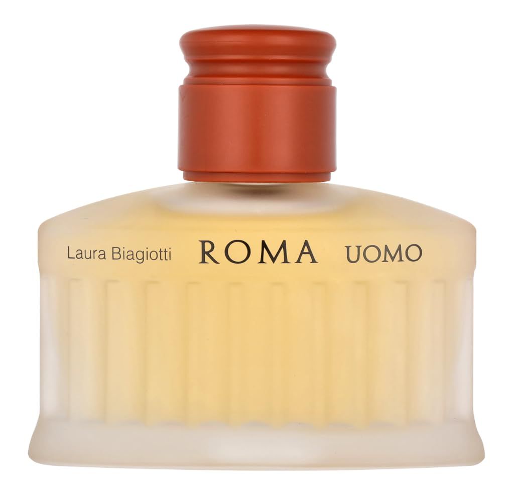 Flacone di Laura Biagiotti Roma Uomo. Flacone rettangolare con tappo marrone. Scritta Roma Uomo.