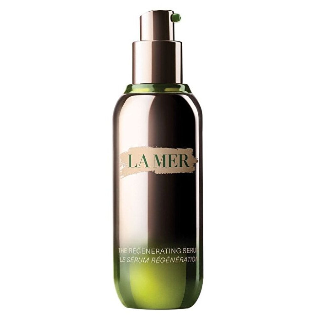 Flacone in vetro verde con pompetta dorata. Scritta: LA MER. Nome prodotto: THE REGENERATING SERUM.