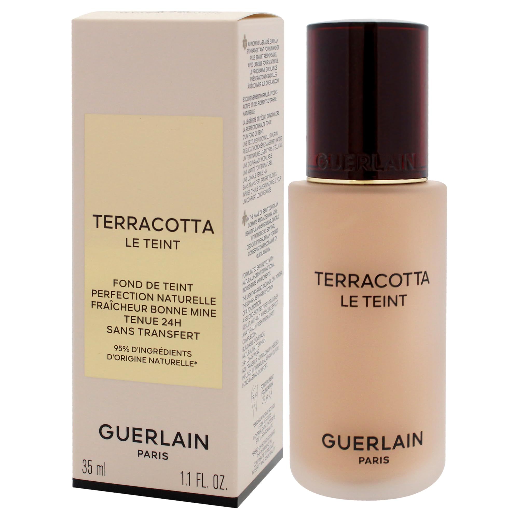 Flacone e confezione di fondotinta beige. Scritta: Terracotta Le Teint, Guerlain Paris. 35 ml, 1.1 FL. OZ.