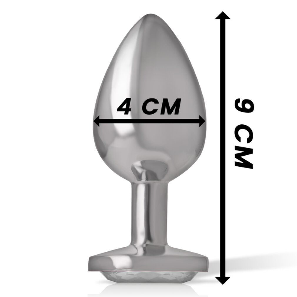 Plug anale in metallo con cuore di cristallo, dimensioni: 9 cm altezza, 4 cm larghezza.