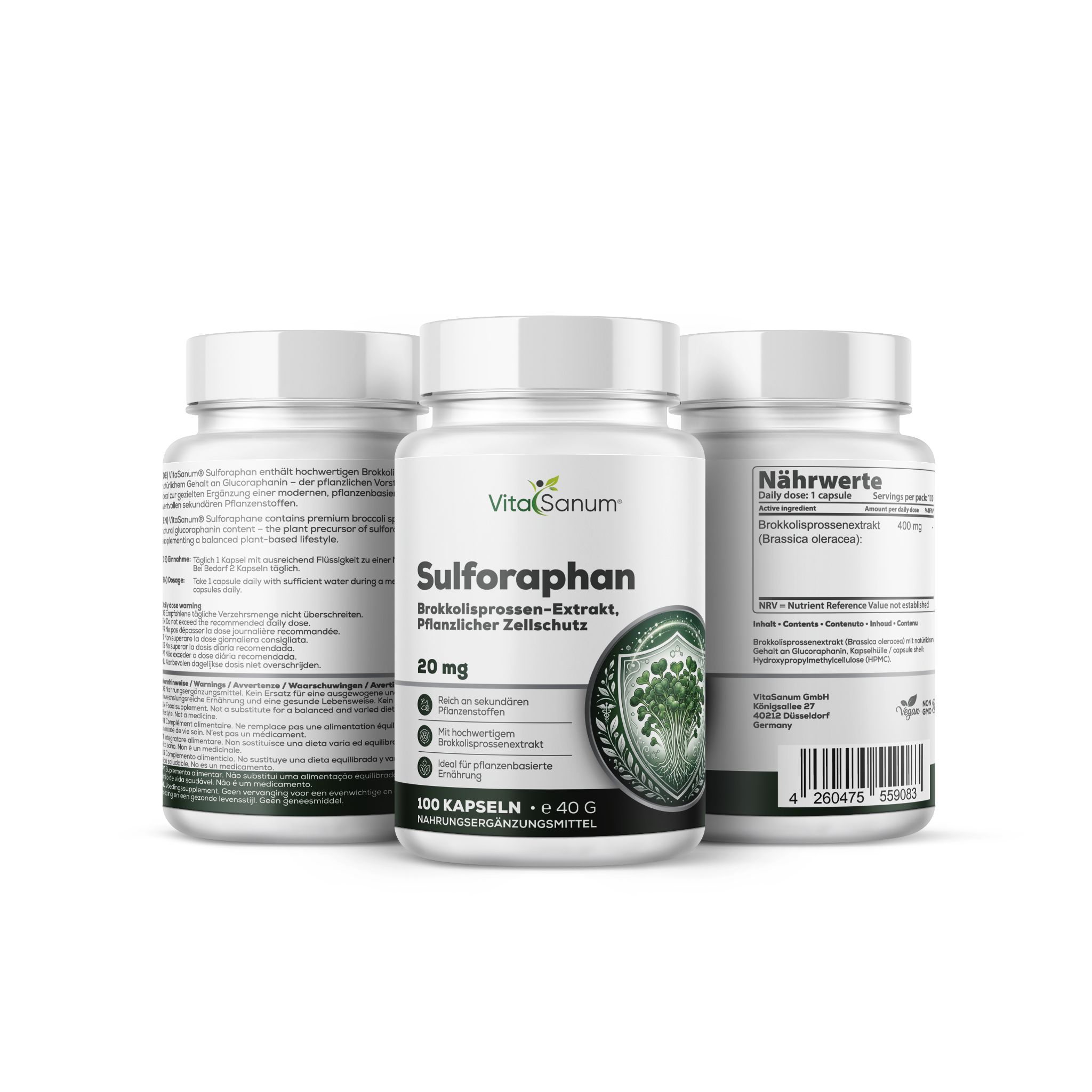 Capsule VitaSanum Sulforaphan: Estratto di germogli di broccoli per la protezione cellulare vegetale. Tre contenitori.