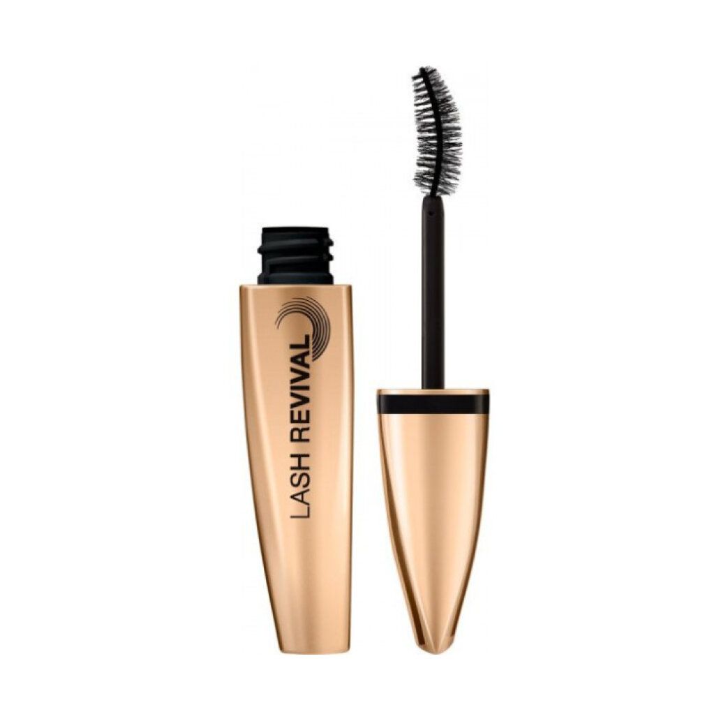 Tubo mascara aperto con spazzola. Tubo dorato, tappo nero. Scritta: LASH REVIVAL. Marchio: MAX FACTOR.