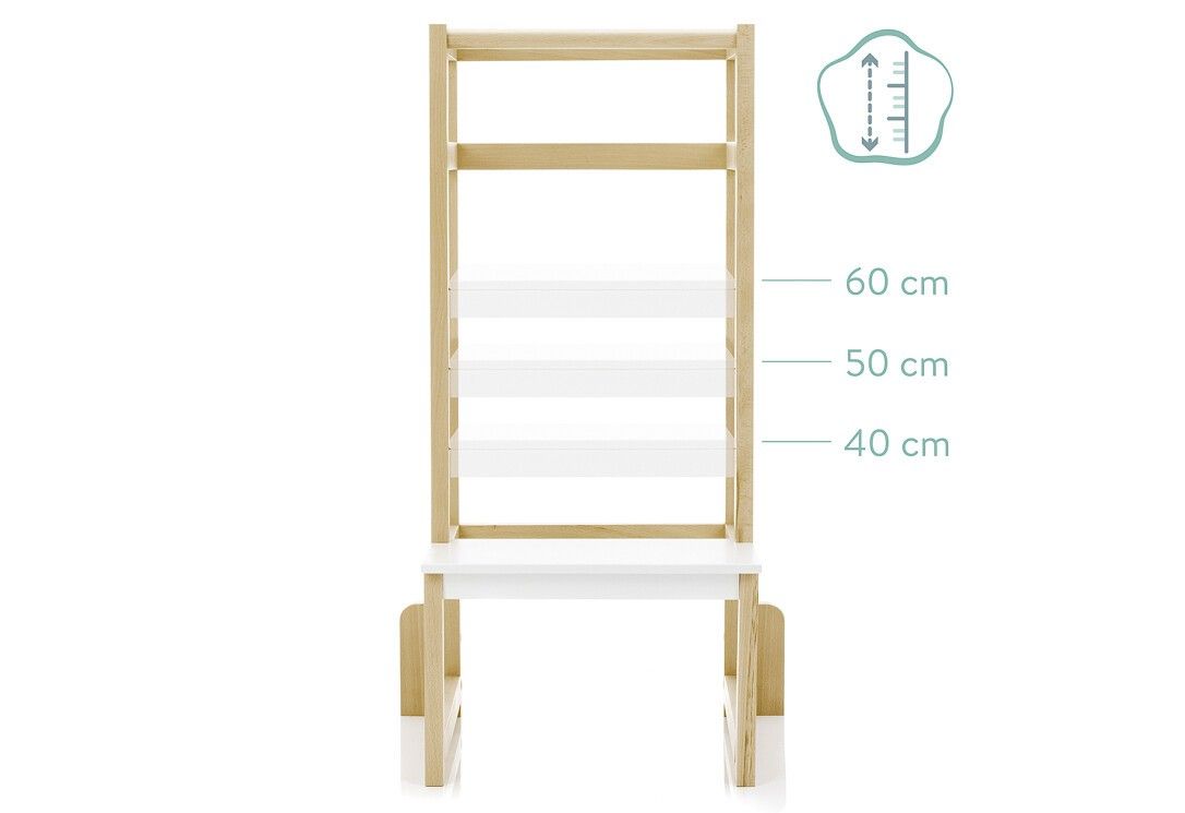 Torre di apprendimento con altezze regolabili. Struttura in legno, gradini bianchi. Indicazioni di altezza: 40, 50, 60 cm. Misure.