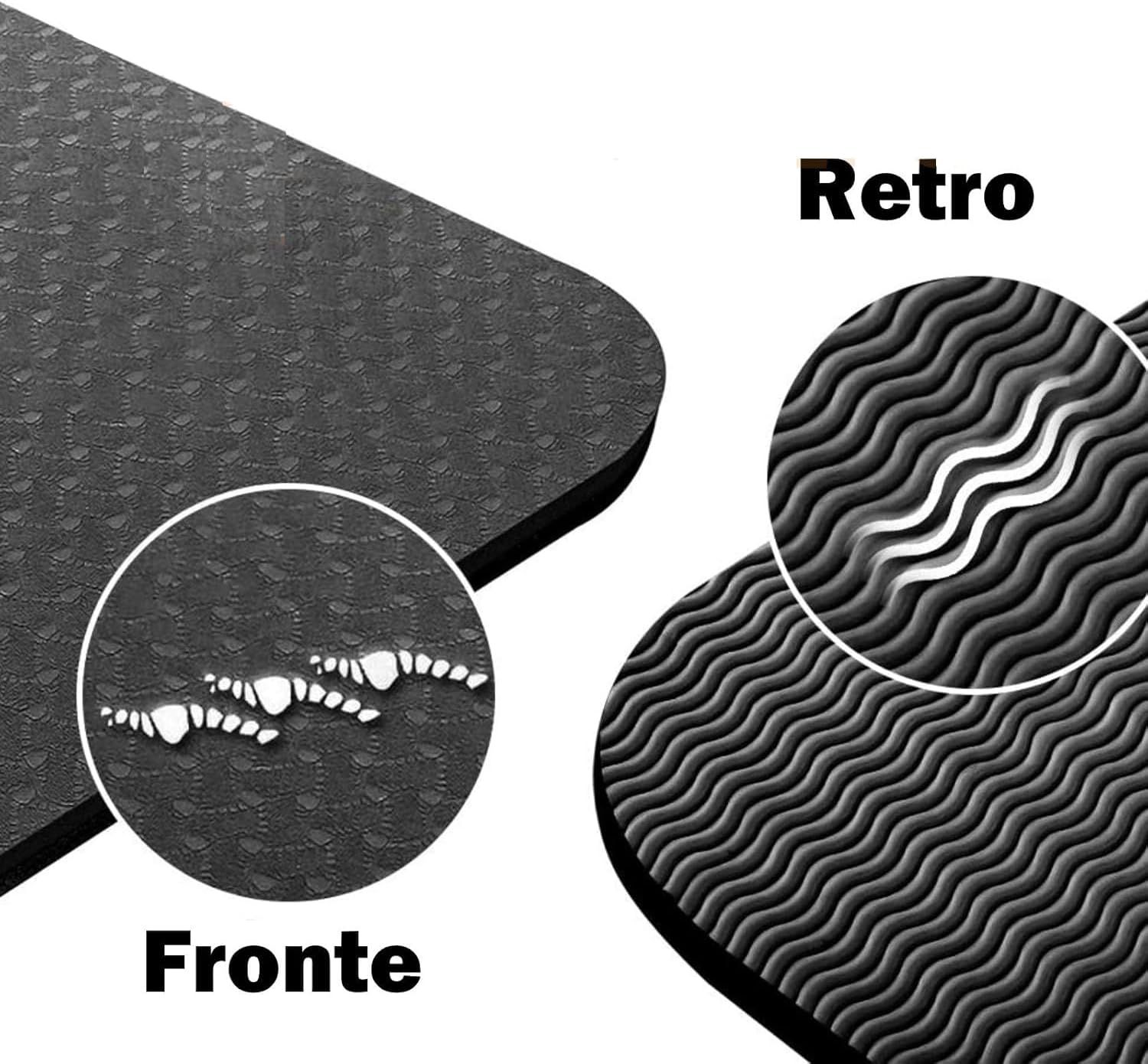 Primi piani del tappetino yoga. Superficie strutturata. Dettagli fronte e retro.