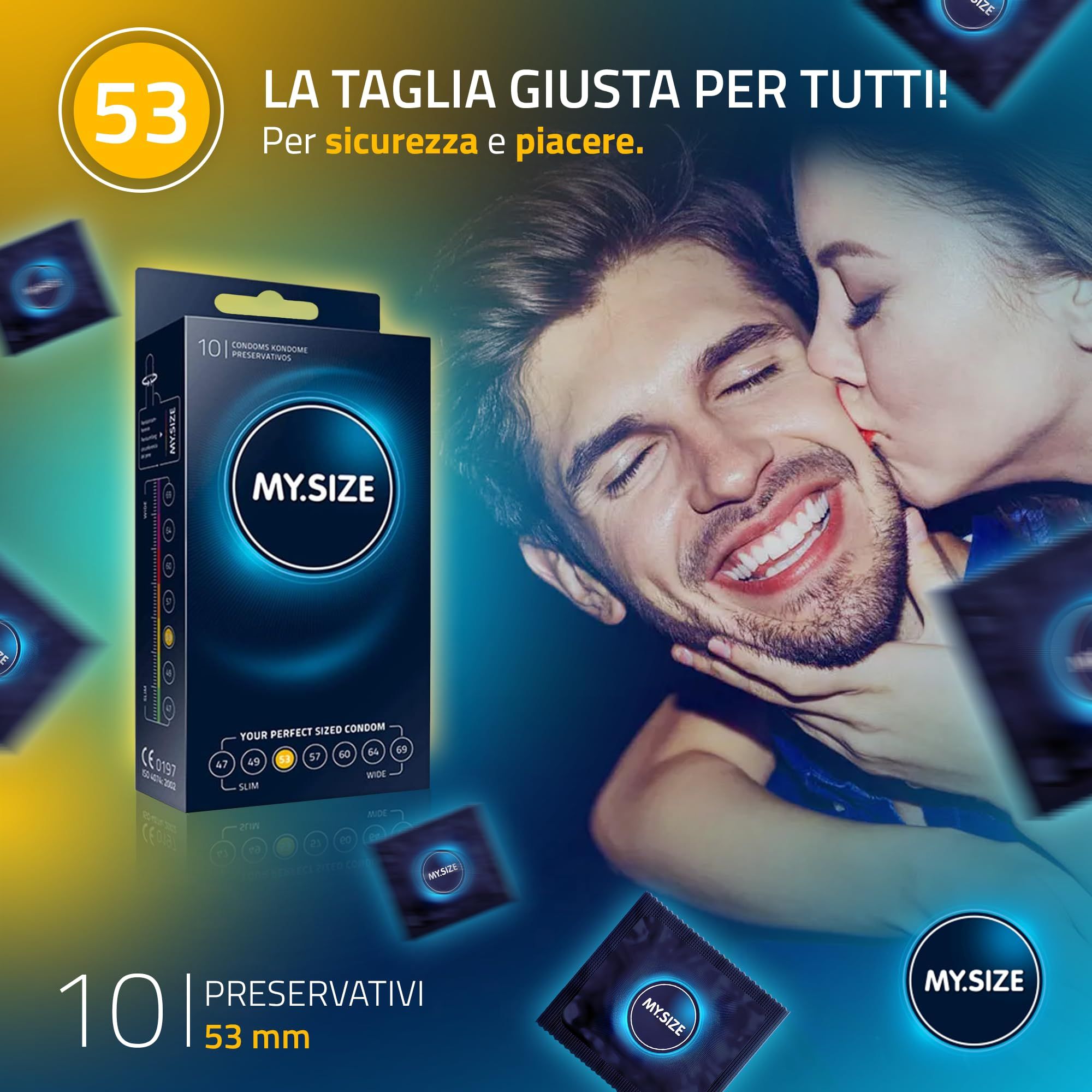 Confezione da 10 preservativi MY.SIZE 53mm. Mostra le taglie 47-69.