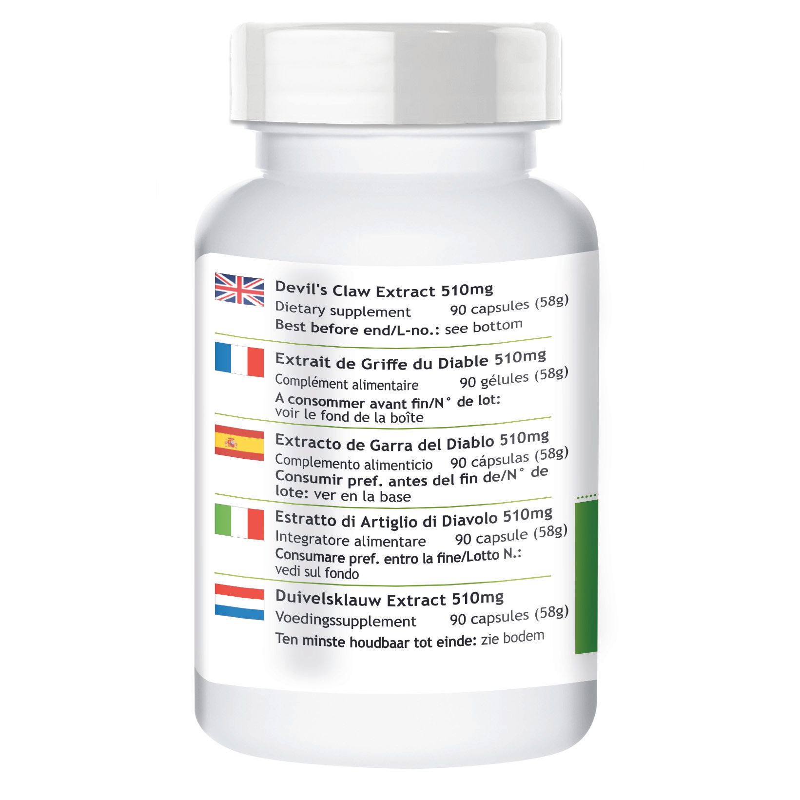 Retro del flacone con informazioni multilingue sul prodotto. Contiene: Devil's Claw Extract 510mg, Extrait de Griffe du Diable 510mg, etc.