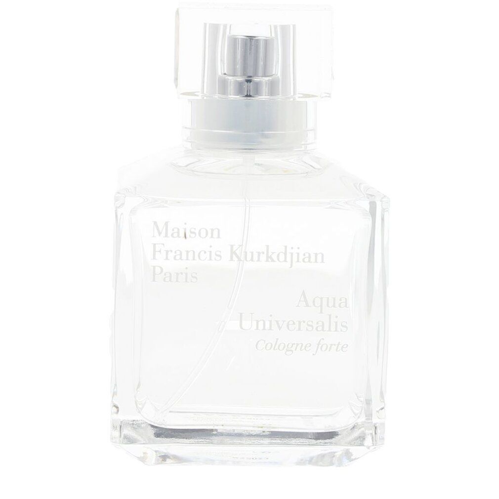 Flacone in vetro trasparente con spruzzatore argentato e tappo argentato. Maison Francis Kurkdjian Paris Aqua Universalis Cologne forte.