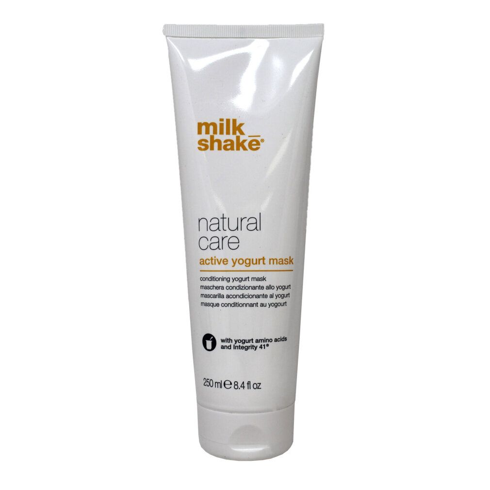 Tubo bianco con scritta Milk_Shake, Natural Care Active Yogurt Mask. Contiene 250 ml.