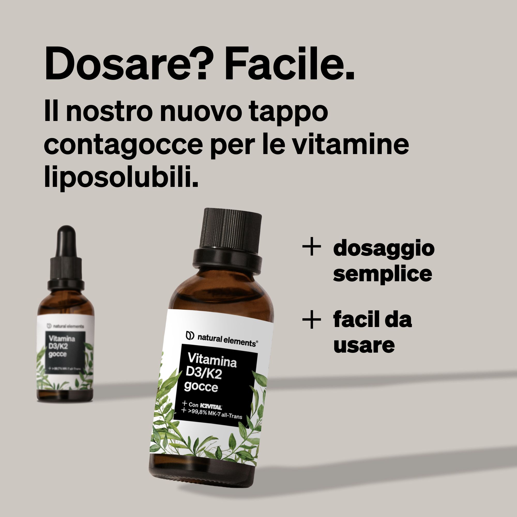 Una bottiglia di gocce Vitamina D3/K2 di Natural Elements con contagocce.