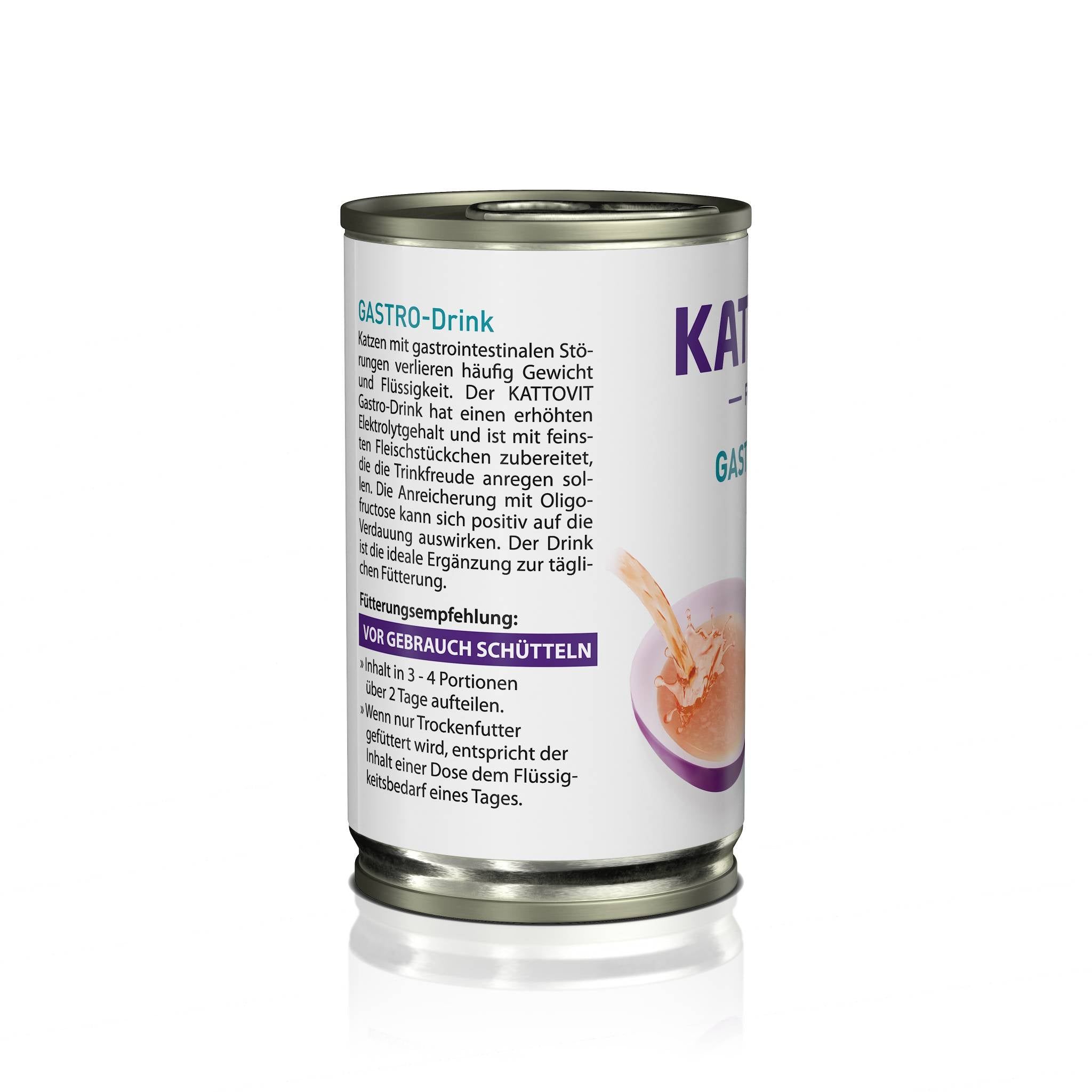 Retro di una lattina KATTOVIT Gastro-Drink. Testo con informazioni sul prodotto e immagine di un gatto.
