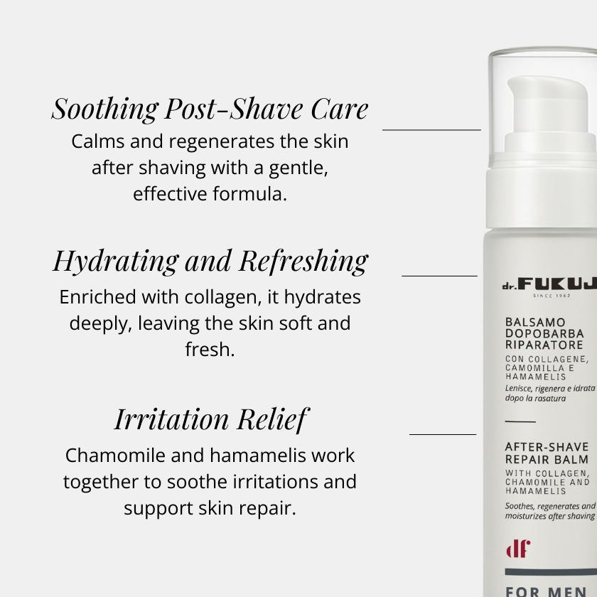 Flacone del prodotto con testo. Sezioni di testo: Soothing Post-Shave Care, Hydrating and Refreshing, Irritation Relief.