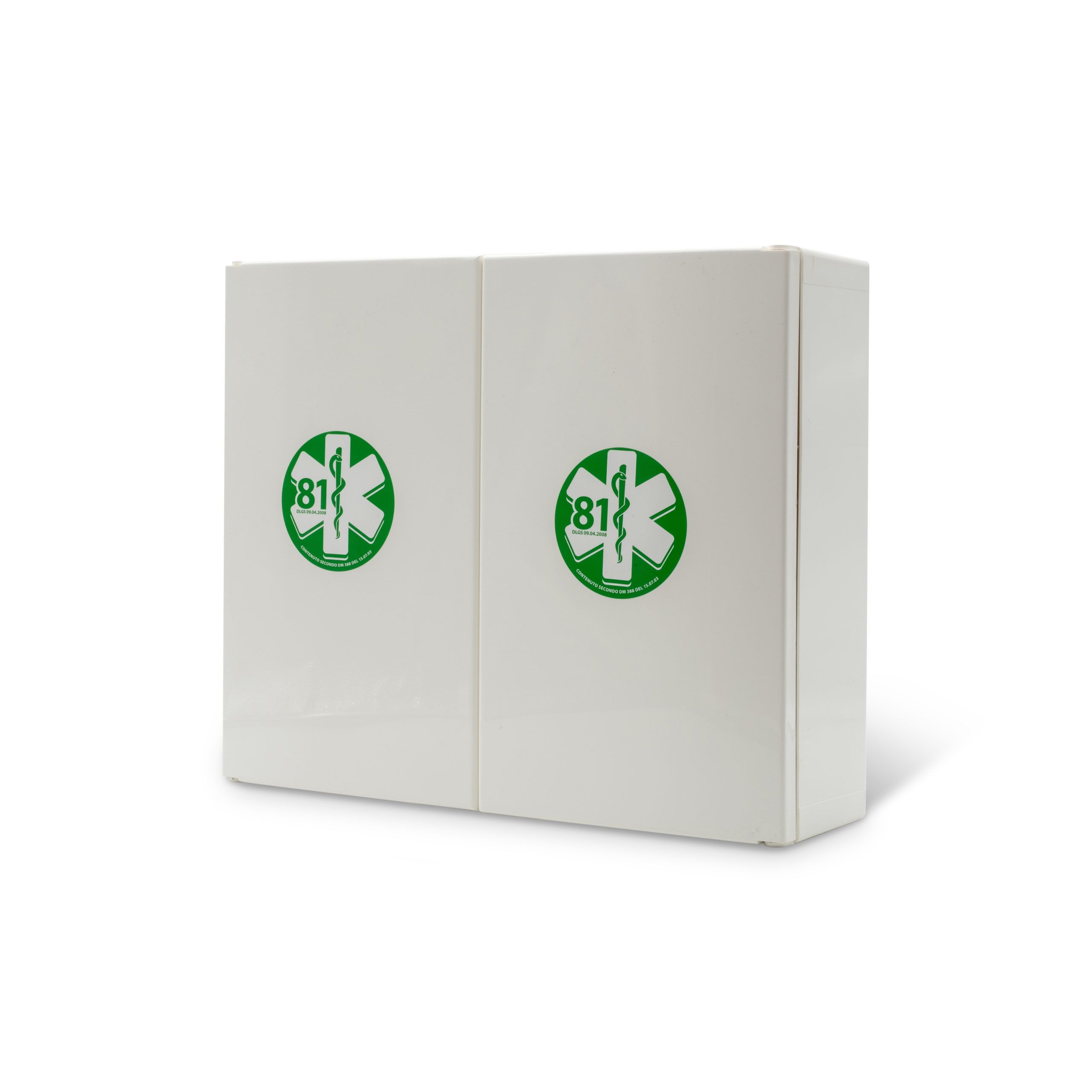 Cassetta di pronto soccorso bianca a due ante. Su ogni anta è presente un logo verde con una stella e un simbolo medico.
