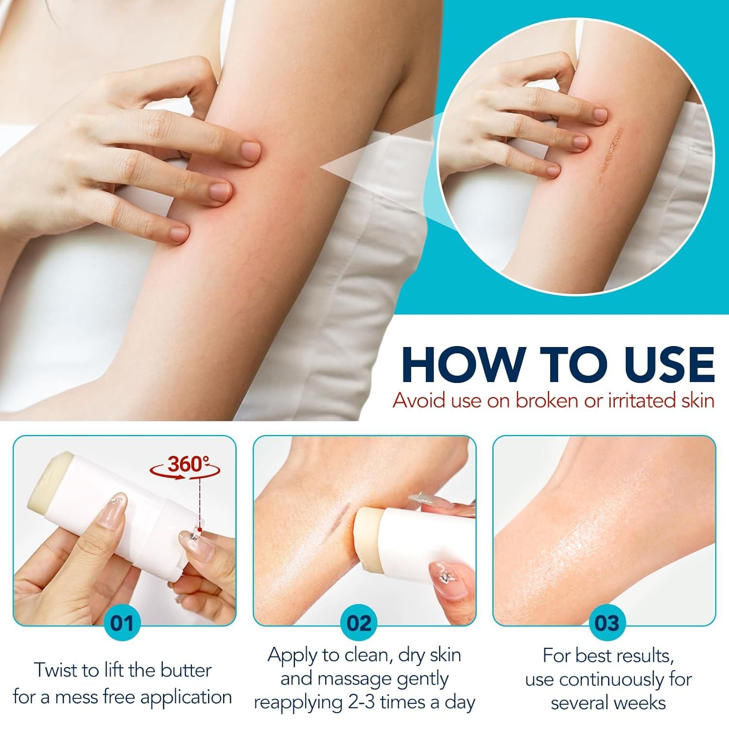 Istruzioni per l'uso dello stick "Scar Butter". 1. Ruotare. 2. Applicare. 3. Usare continuamente. Evitare sulla pelle irritata.