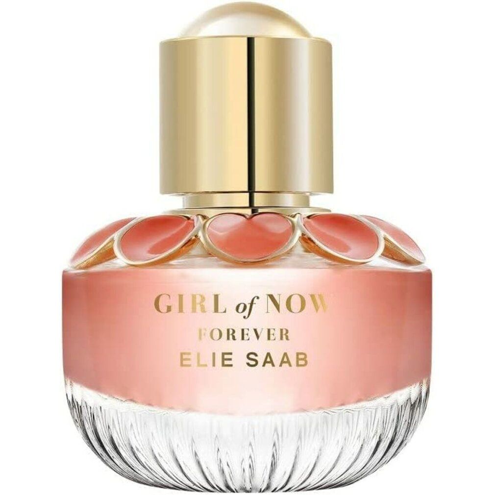 Flacone di profumo con tappo dorato e liquido rosa. Scritta: GIRL of NOW FOREVER ELIE SAAB. Ornamenti a forma di fiori.