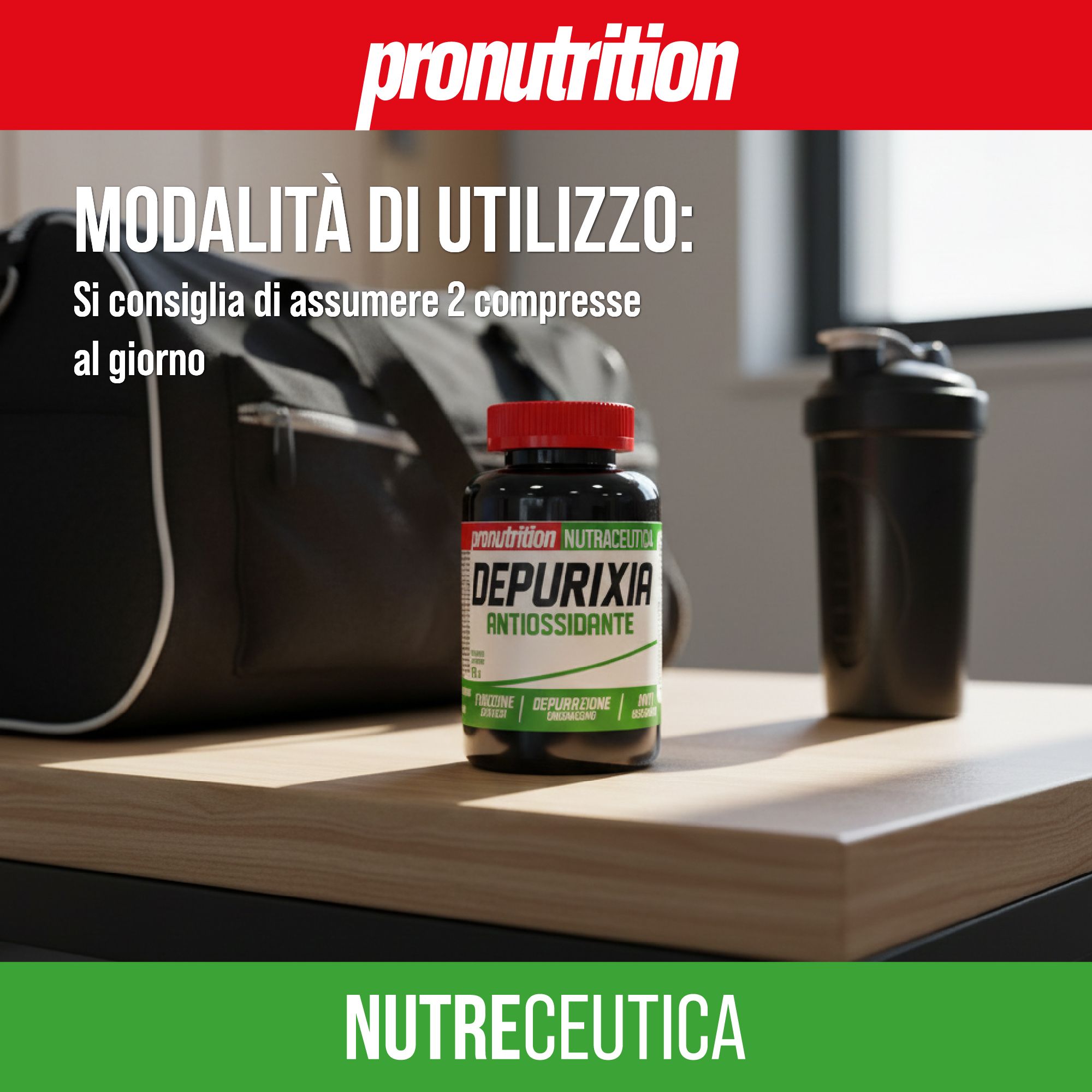 Flacone nero con tappo rosso. Scritta: Depurixia, antiossidante. Su un tavolo, accanto a borsa sportiva e shaker.