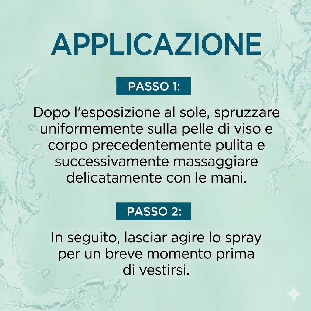 Applicazione: Passo 1: Spruzzare sulla pelle pulita e massaggiare. Passo 2: Lasciare agire brevemente. Testo su sfondo blu.