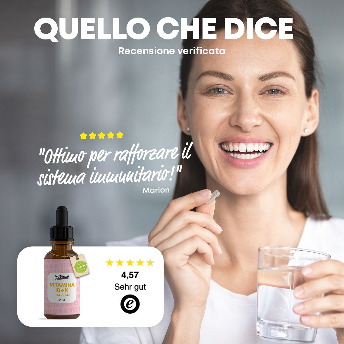 Flacone con contagocce, spiega l'uso rapido e semplice delle gocce Vitamina D+K.