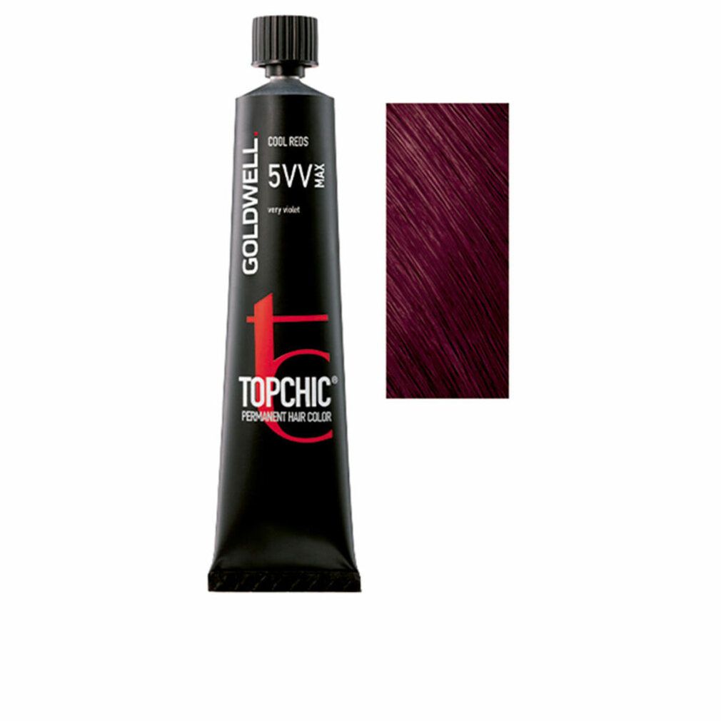 Tubo di tinta per capelli e campione di colore. Scritta: TOPCHIC, 5VV, molto viola. Marchio: Goldwell.