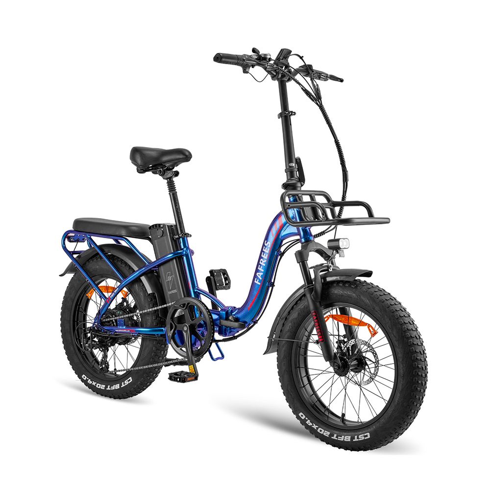 Bicicletta elettrica blu Fafrees F20 Max. Pneumatici neri, portapacchi, cestino anteriore e parafanghi. Marchio visibile.