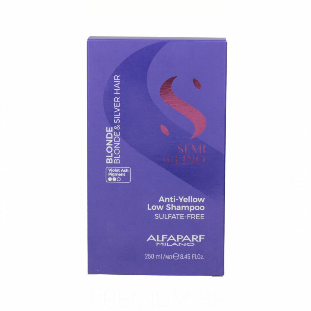 Scatola viola con scritta: Semi Di Lino Blonde & Silver Hair, Anti-Yellow Low Shampoo. Marchio Alfaparf Milano.