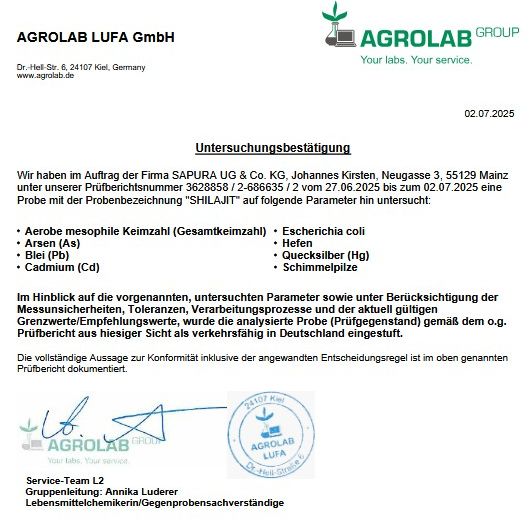 Rapporto di laboratorio di AGROLAB LUFA GmbH. Esaminato: Numero di germi mesofili aerobi, arsenico, piombo, cadmio, Escherichia coli, lieviti, mercurio, muffe. Data: 02.07.2025.