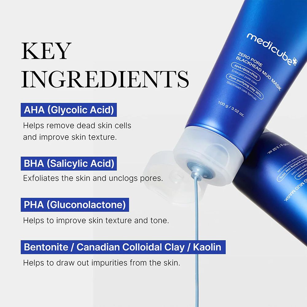 Testo: KEY INGREDIENTS. AHA (Acido glicolico), BHA (Acido salicilico), PHA (Gluconolattone), Bentonite / Canadian Colloidal Clay / Kaolin.