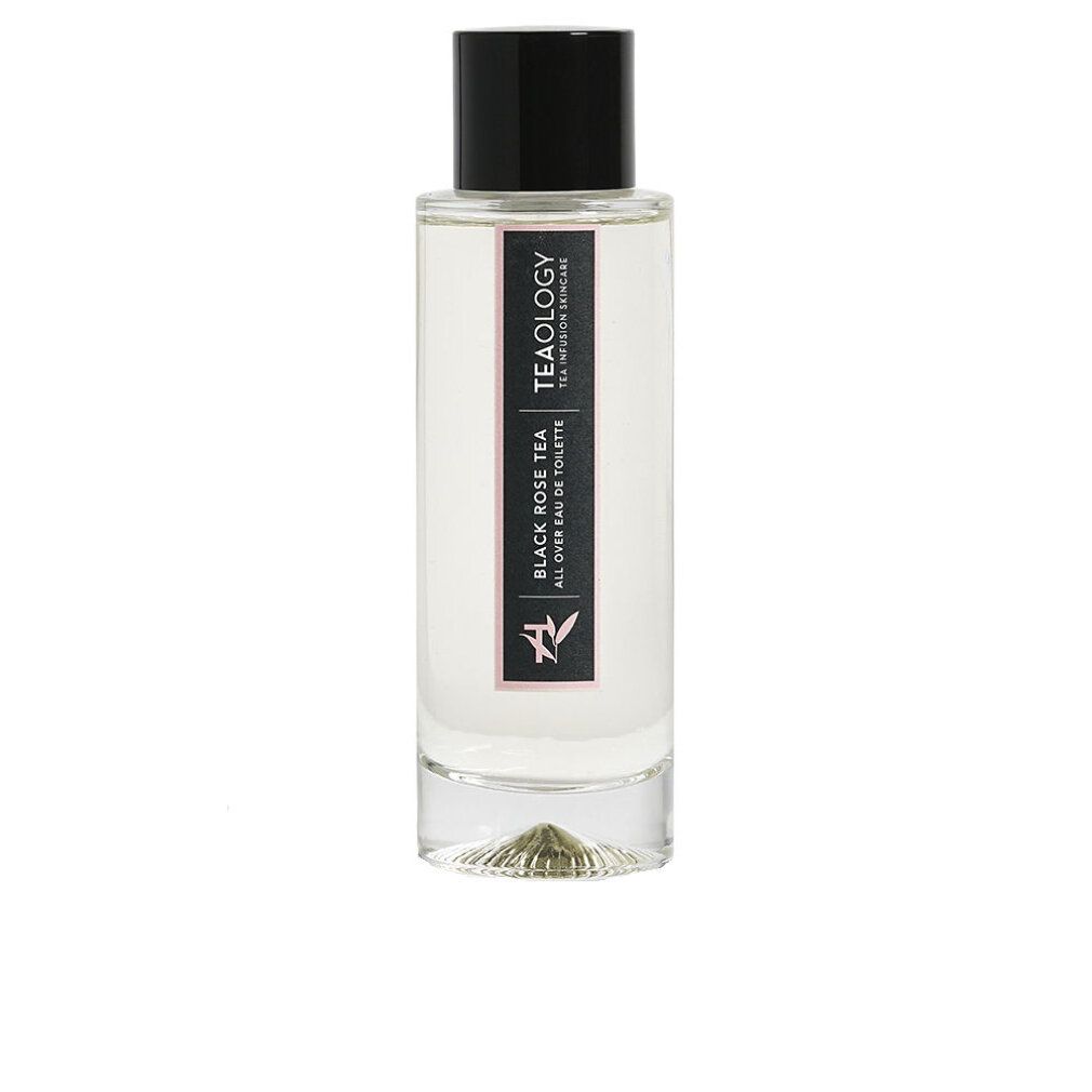 Flacone in vetro con tappo nero. Etichetta nera con logo e testo: BLACK ROSE TEA, ALL OVER EAU DE TOILETTE. TEAOLOGY.