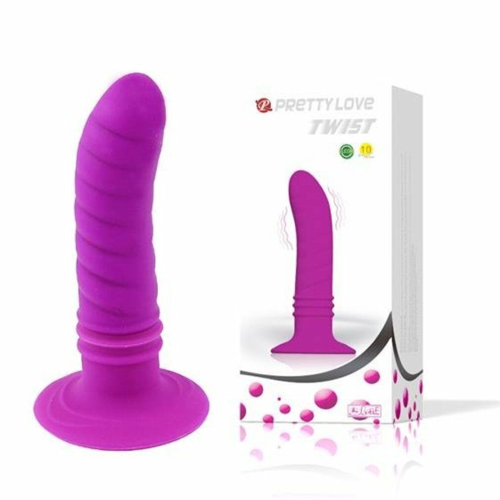 Plug anale viola. Prodotto e confezione. Scritta: Pretty Love Twist. Superficie a spirale. Base rotonda.