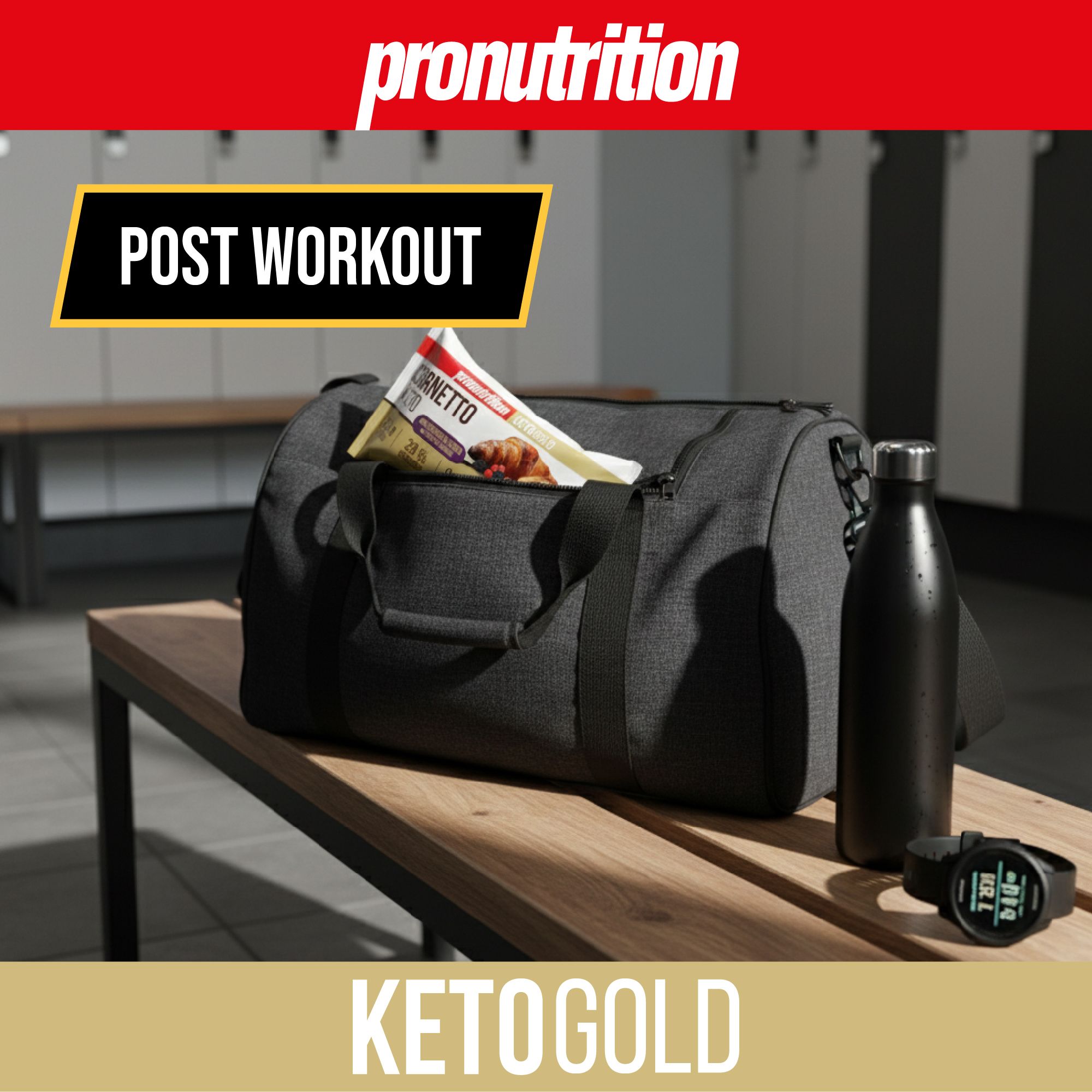 Confezione Cornetto Keto, accanto borsa sportiva, borraccia e smartwatch. Testo: POST WORKOUT, KETOGOLD.