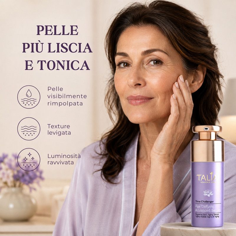 Donna con flacone viola con pompa dorata, etichettato 'Talia Heaven's Dew'.