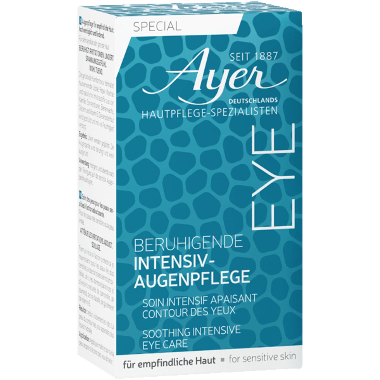Ayer Eye Care. Confezione. Testo: Beruhigende Intensiv-Augenpflege, Soin intensif apaisant contour des yeux, Soothing Intensive Eye Care.