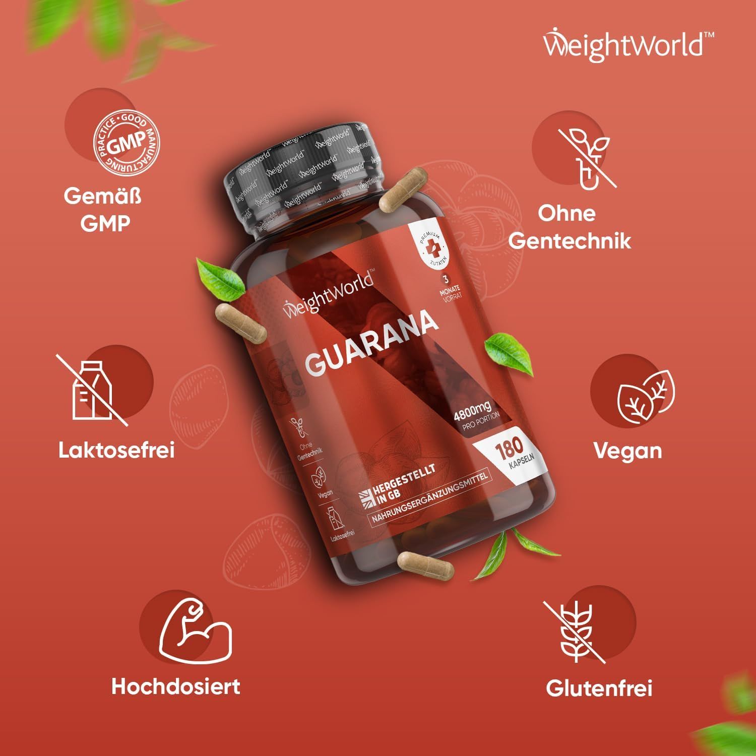 Flacone di capsule di guaranà con simboli: GMP, senza OGM, senza lattosio, vegano, ad alto dosaggio, senza glutine.