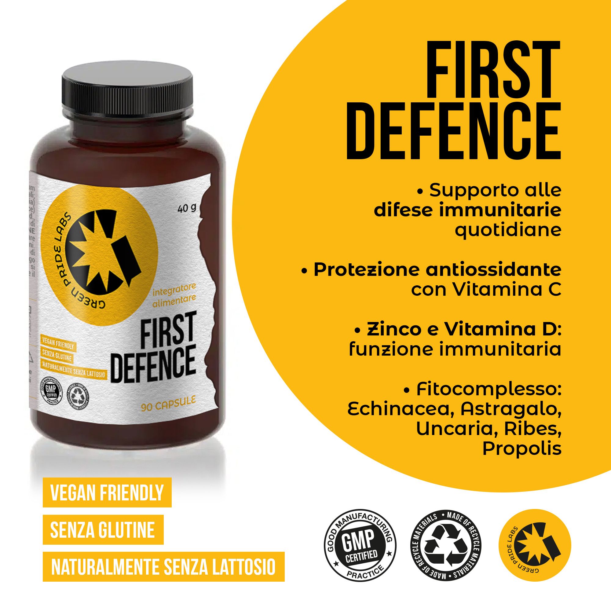 Flacone con etichetta che mostra 'First Defence'. Area gialla elenca i vantaggi, tra cui il supporto immunitario quotidiano e la protezione antiossidante.