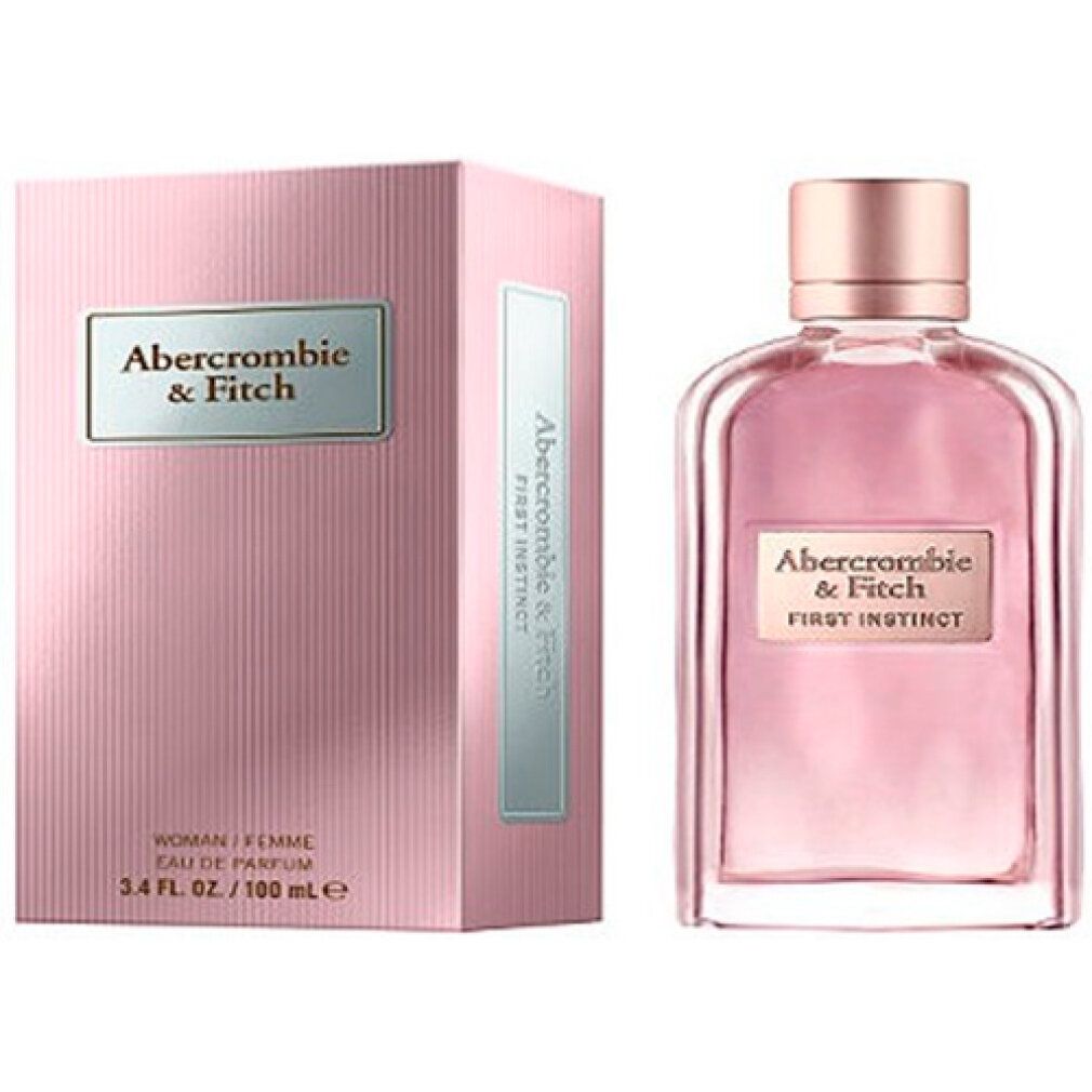 Confezione e flacone rosa. Scritta: Abercrombie & Fitch, First Instinct, Woman/Femme, Eau de Parfum.