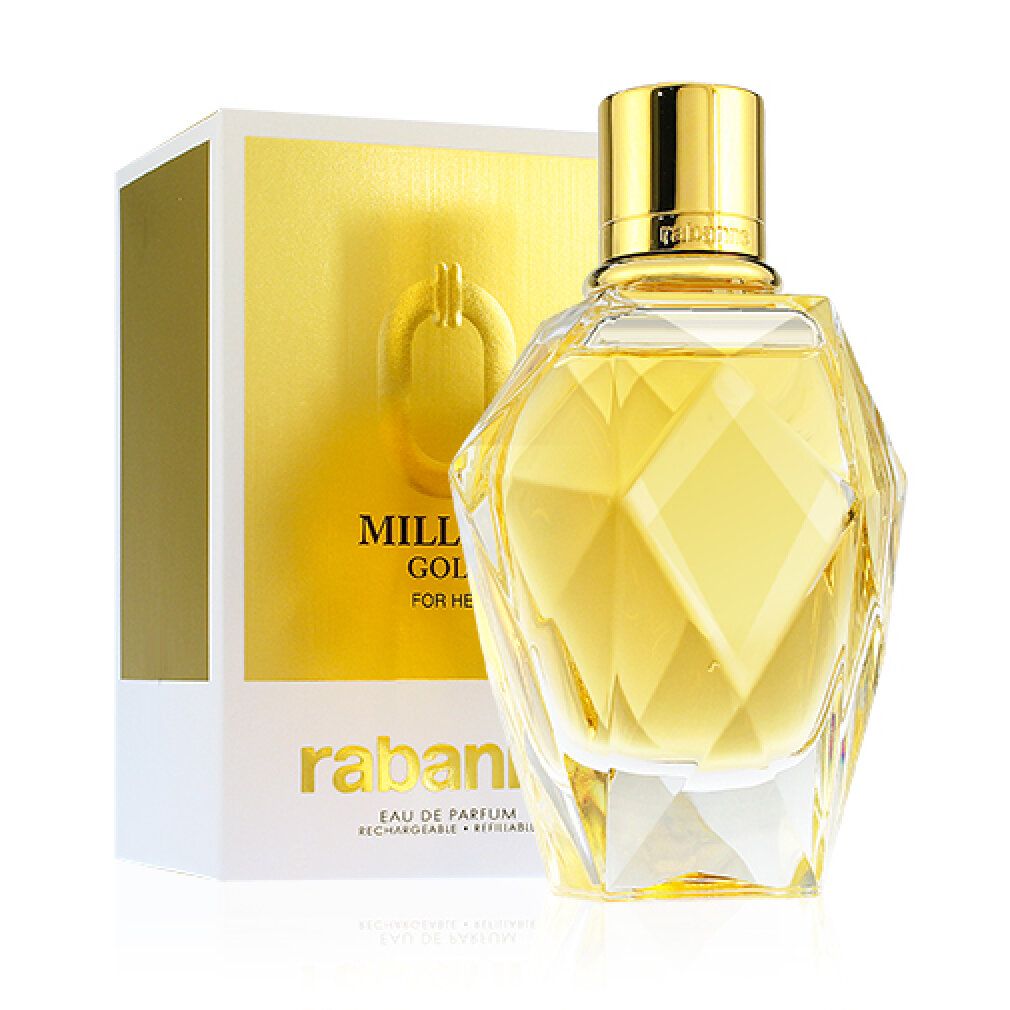Flacone dorato con tappo dorato e confezione bianca. Scritta: Million Gold for Her, Rabanne Eau de Parfum.