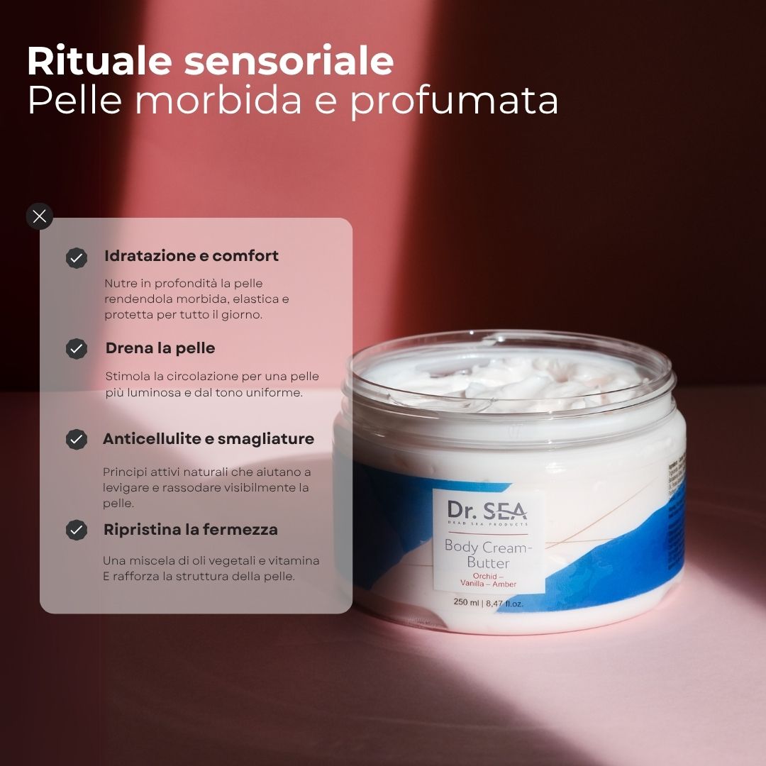 Vasetto di crema-burro con coperchio rosa. Scritta: Dr. SEA, Body Cream-Butter, Orchidea-Vaniglia-Ambra. 250 ml.