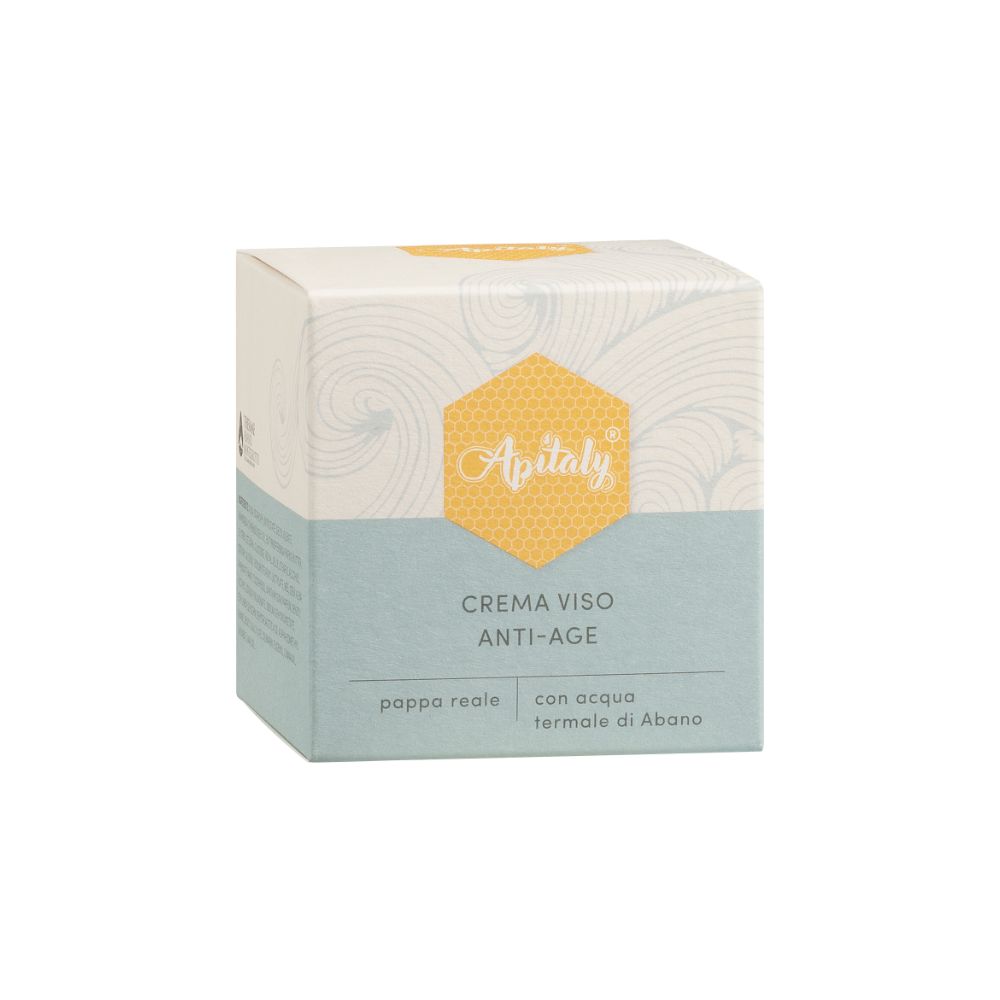 Confezione in cartone. Scritta: Apitaly, CREMA VISO ANTI-AGE, pappa reale, con acqua termale di Abano.