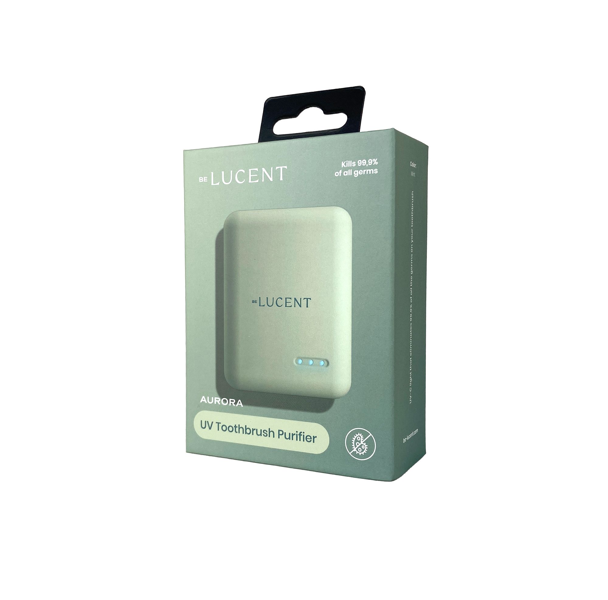 Confezione con custodia. Scritta "BE LUCENT" e "AURORA UV Toothbrush Purifier".