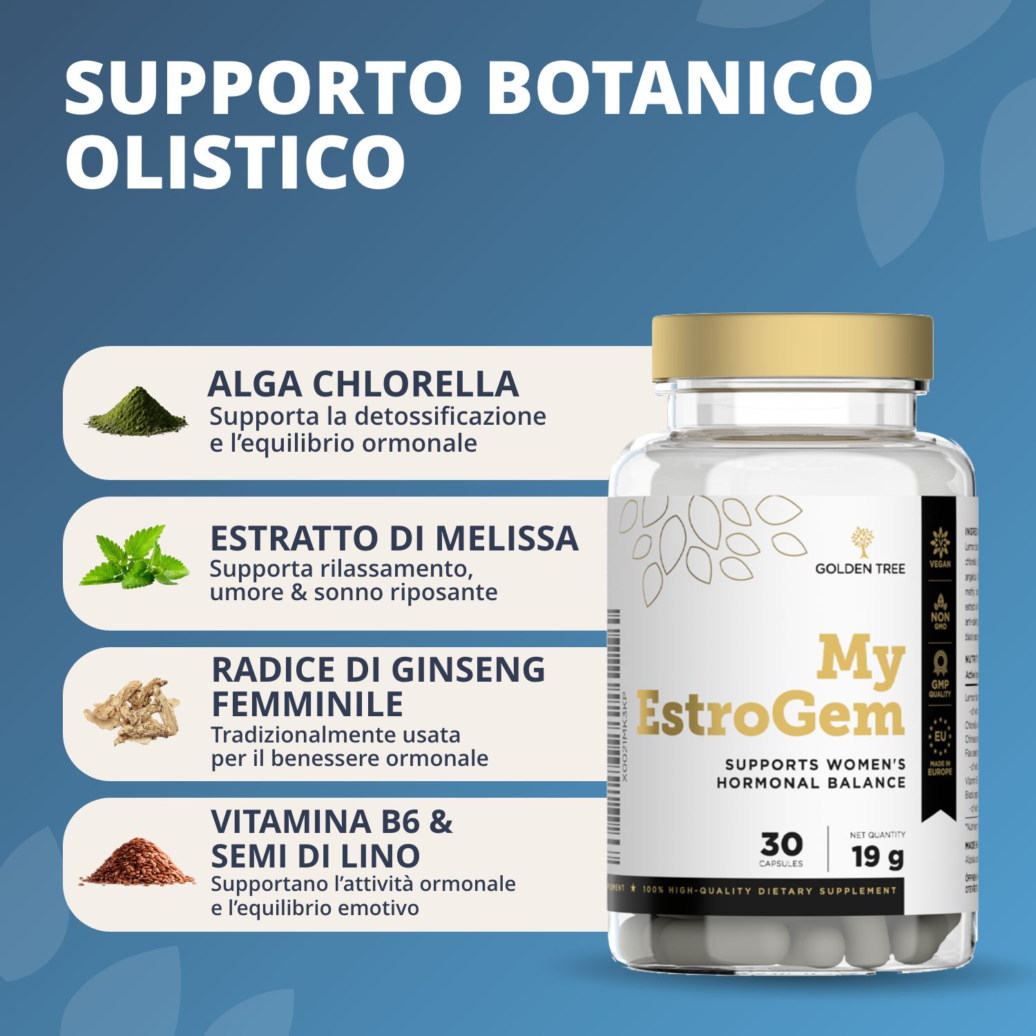 Flacone da 30 capsule. Contiene alga, melissa, ginseng, vitamina B6 e semi di lino.