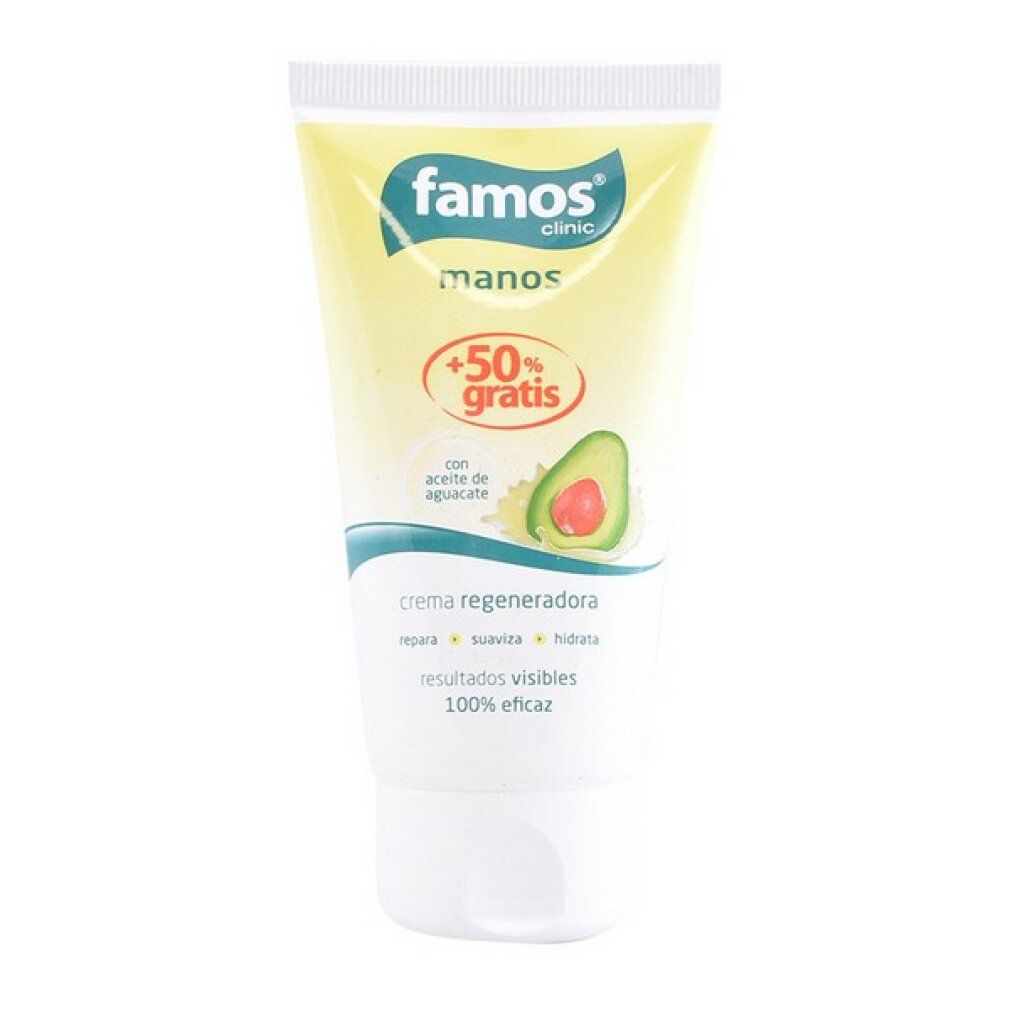 Tubo di crema con nome del prodotto e illustrazione di avocado. Testo: crema regeneradora, resultados visibles, 100% eficaz.