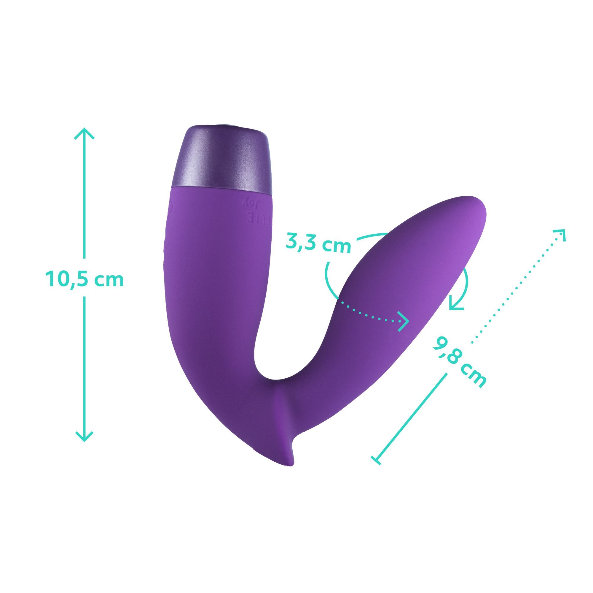 Prodotto benessere viola con misure. Altezza 10,5 cm, larghezza 9,8 cm, impugnatura 3,3 cm.