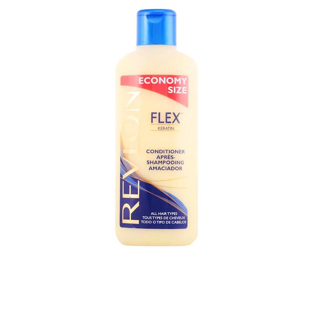 Flacone beige con tappo blu. Scritta: Revlon Flex Keratin Conditioner. Economy Size.