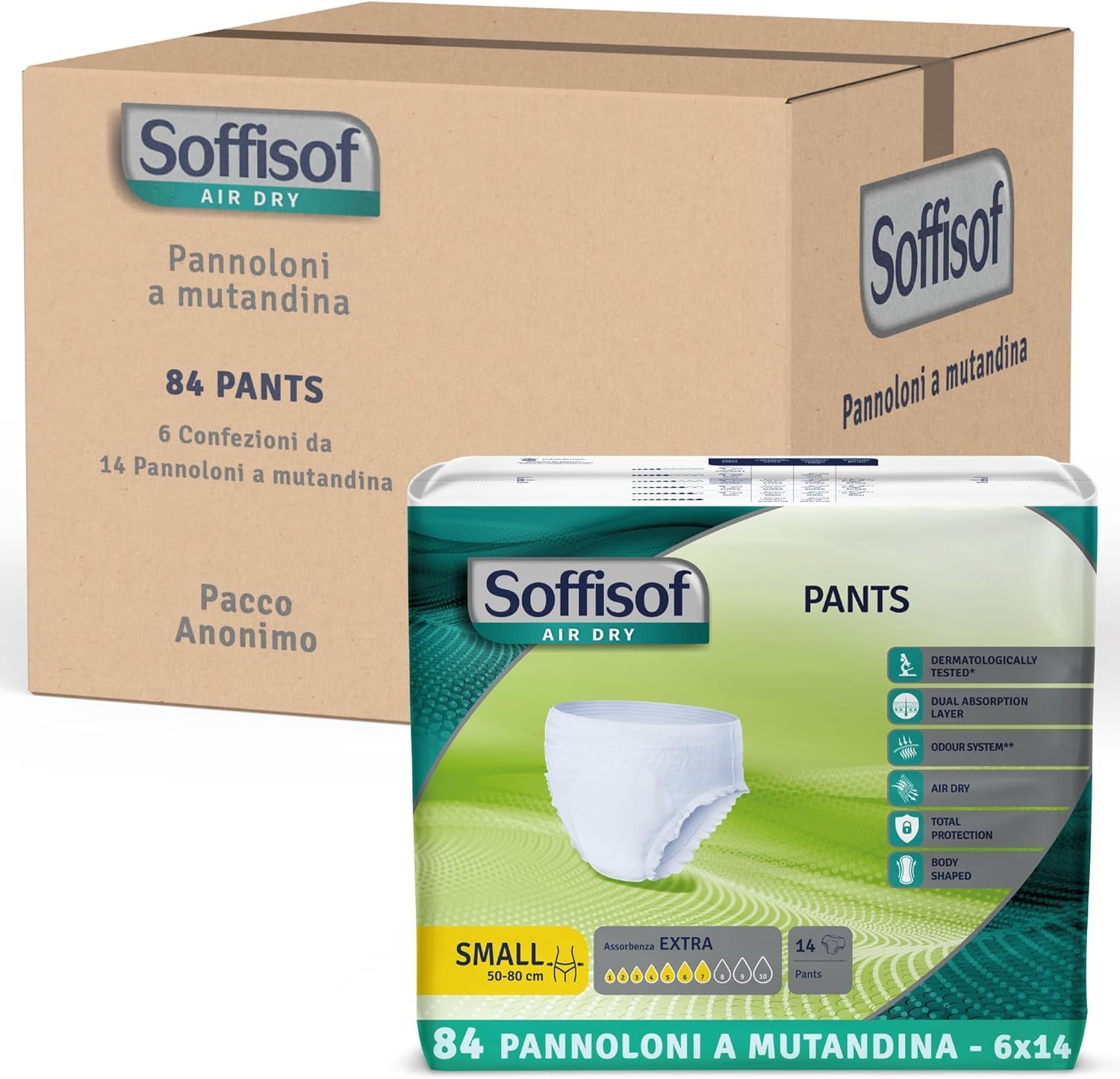 Scatola di Soffisof Pants Extra e una confezione. Scritto: 84 Pants, 6 confezioni da 14 Pants. Imballaggio anonimo.