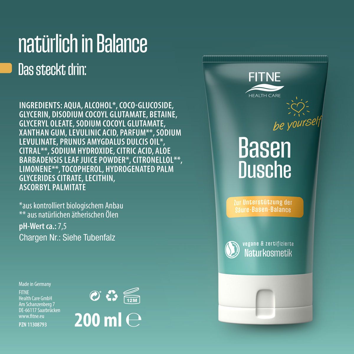 Tubo di bagnoschiuma basico Fitne, vista frontale.