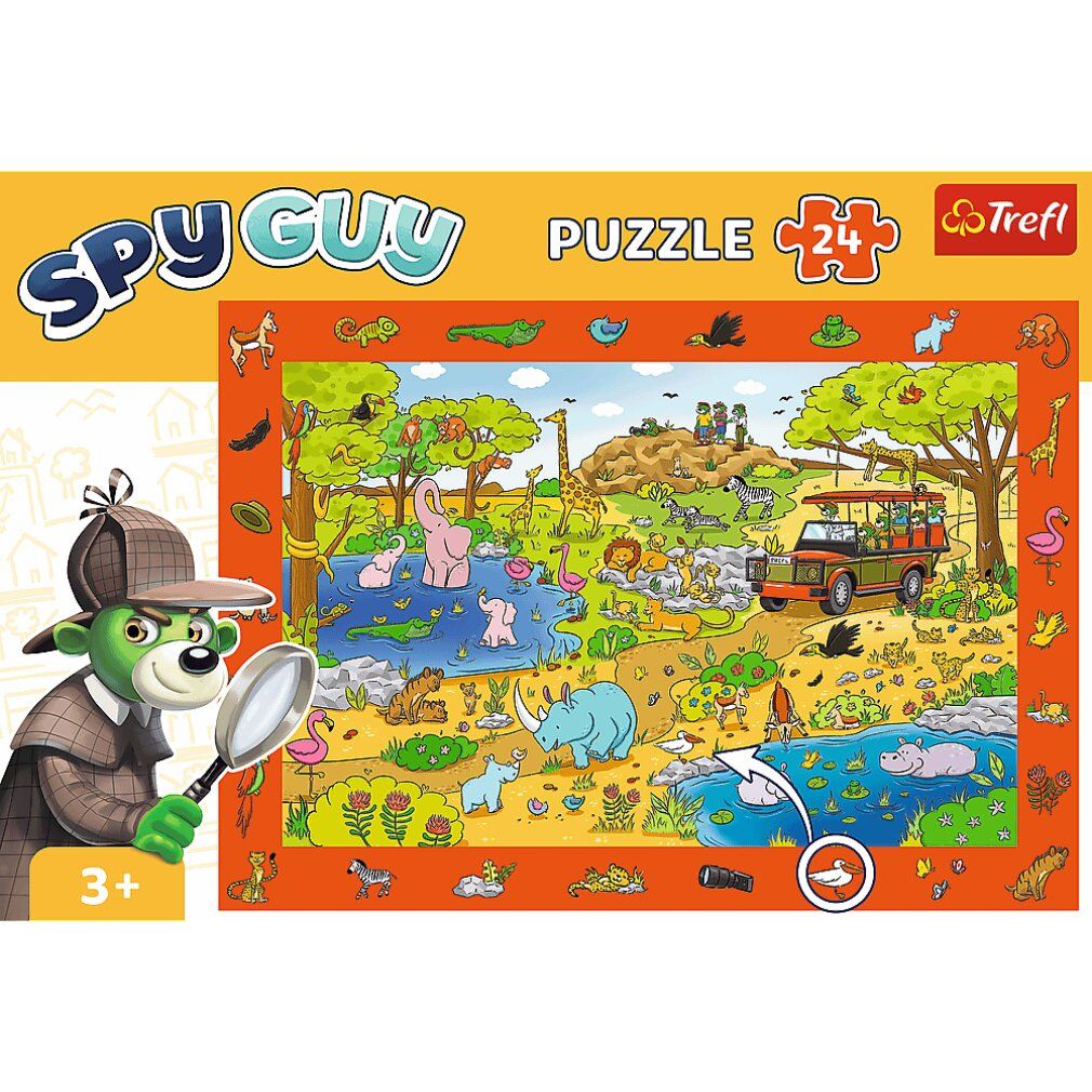 Puzzle Spy Guy: Safari, 24 pezzi. Scena con animali, veicolo e paesaggio. Personaggio dei cartoni animati con lente d'ingrandimento.