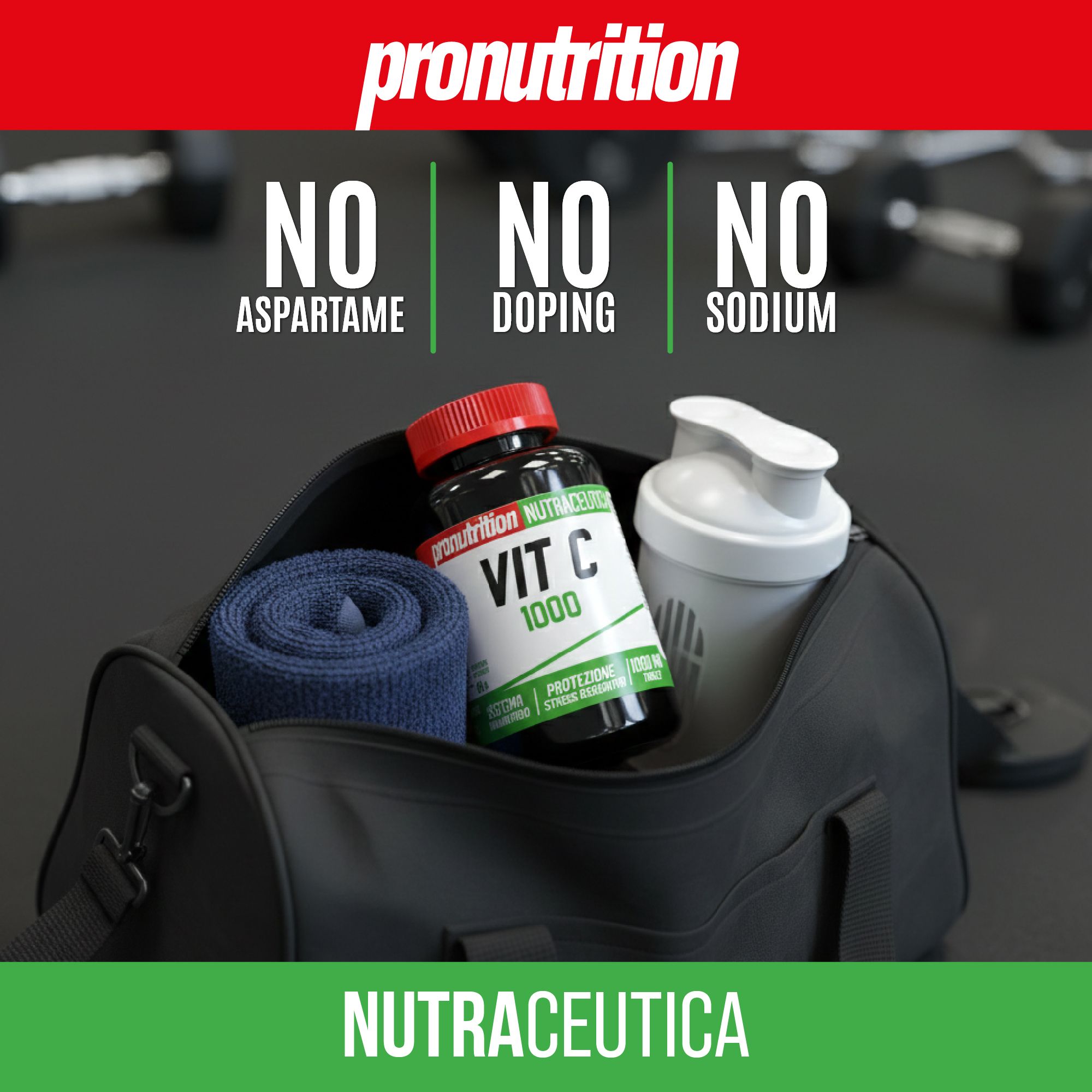 Flacone nero con tappo rosso. Scritta Vit C 1000. In borsa sportiva con asciugamano e shaker.