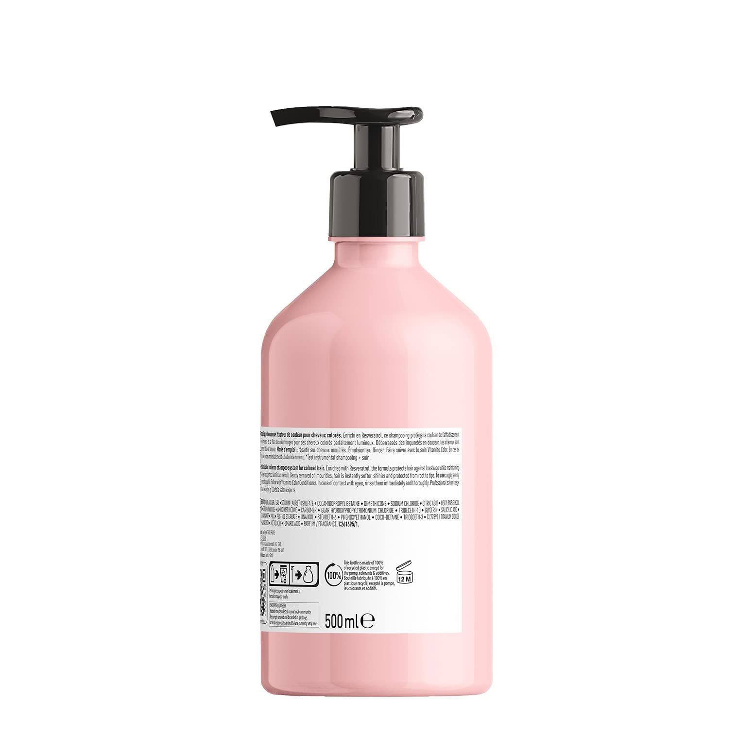 Flacone rosa di shampoo con dosatore nero. Retro con testo e indicazione 500 ml.