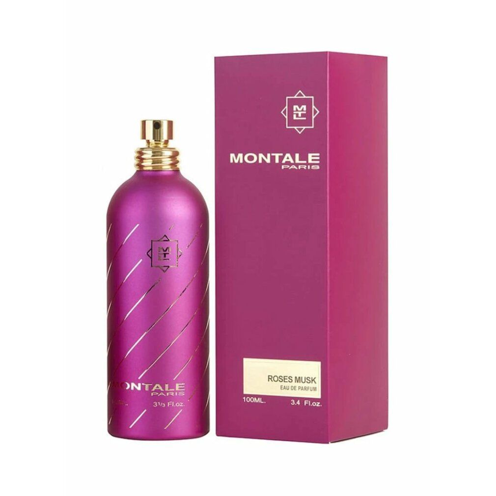 Flacone e confezione di profumo rosa. Scritta: MONTALE PARIS, ROSES MUSK. Strisce dorate sul flacone.