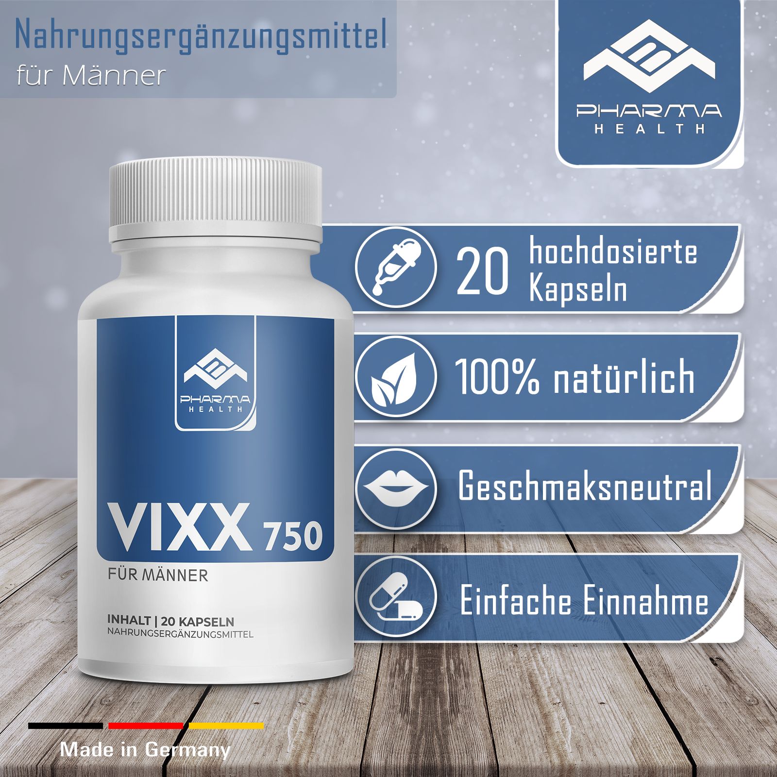 Flacone bianco con etichetta blu. Pharma Health, Vixx 750 per uomini. 20 capsule. 100% naturale. Insapore. Facile da assumere. Prodotto in Germania.