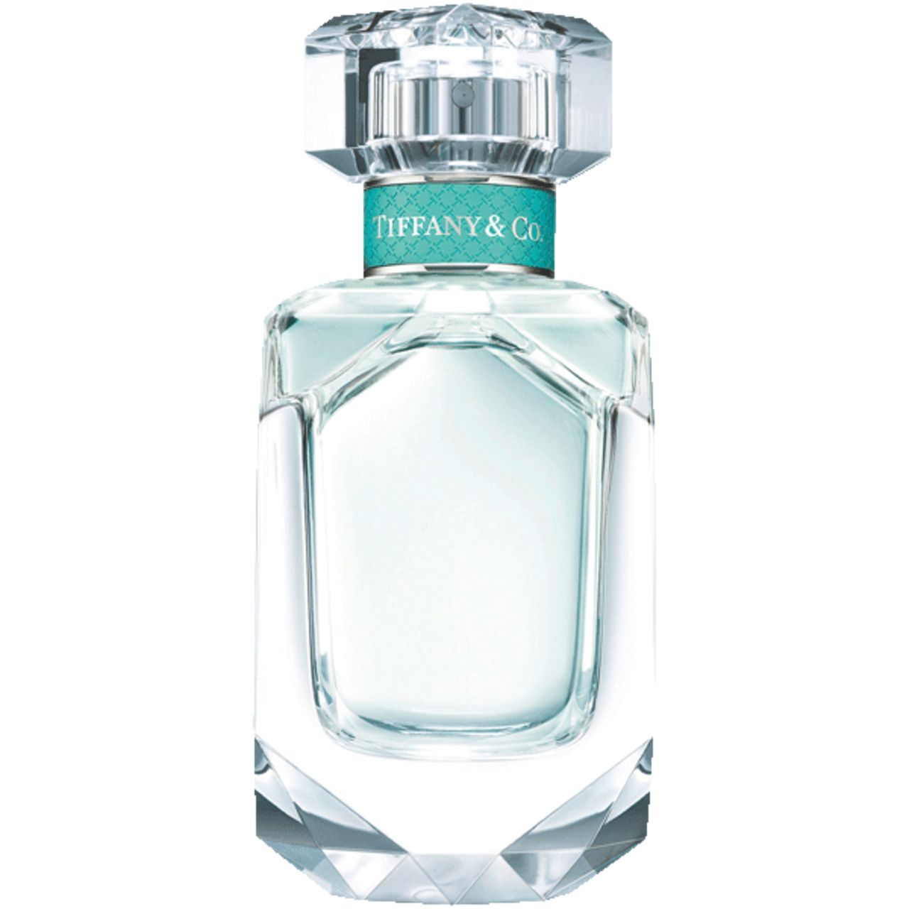 Flacone in vetro con fascia blu e tappo. Tiffany & Co. EdP Nat. Spray. Flacone trasparente sfaccettato, fascia turchese.